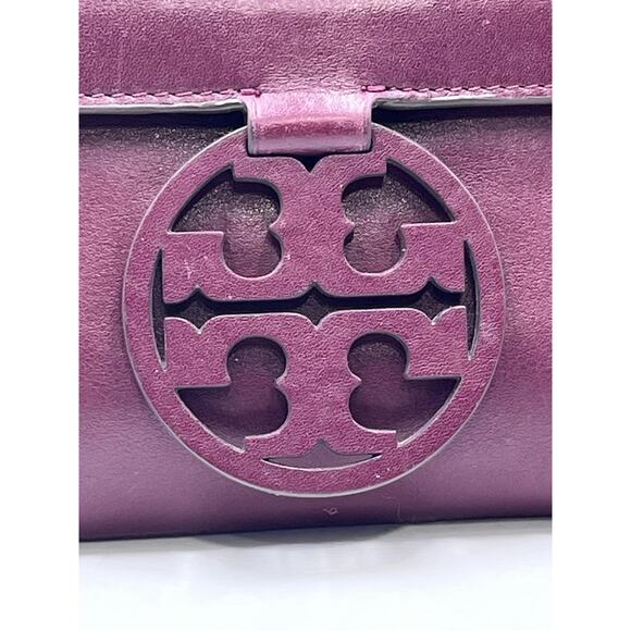 Tory Burch Burgundy Port Wine Logo Front Leather Miller Fold-over Clutch - Picture 3 of 13